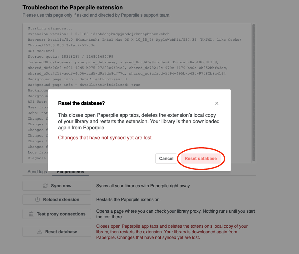A warning dialog asking for confirmation to reset the local database, with the “Reset database” button circled.